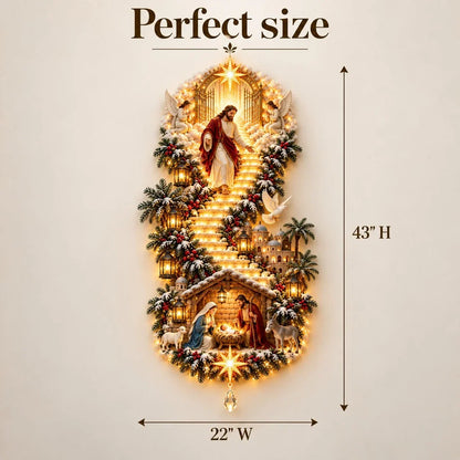 ✨ Jesus Light of Heaven Christmas Wall Hanging | Illuminated Nativity Stairway Decor ✝️