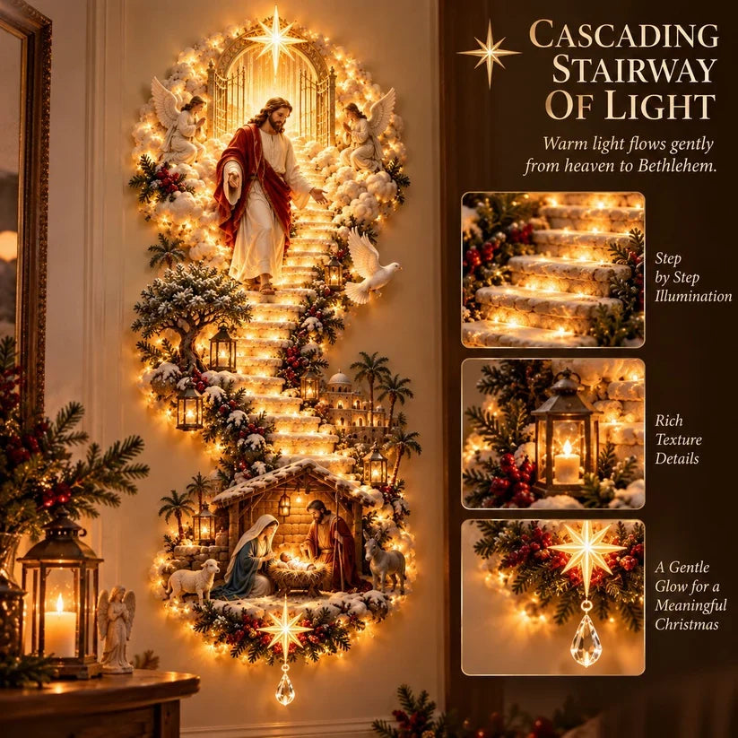 ✨ Jesus Light of Heaven Christmas Wall Hanging | Illuminated Nativity Stairway Decor ✝️