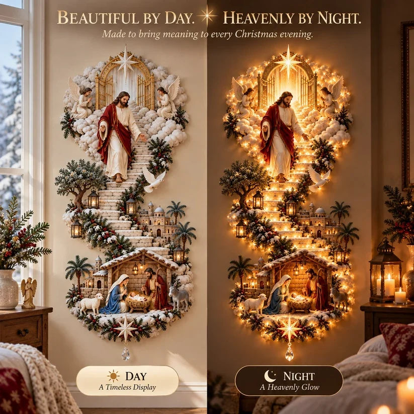 ✨ Jesus Light of Heaven Christmas Wall Hanging | Illuminated Nativity Stairway Decor ✝️