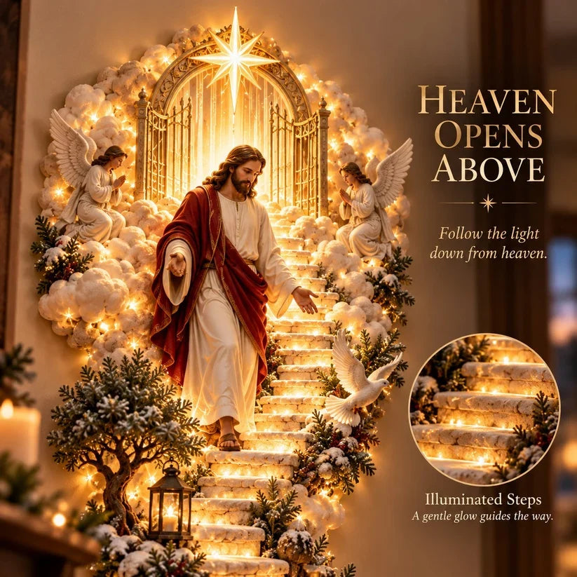✨ Jesus Light of Heaven Christmas Wall Hanging | Illuminated Nativity Stairway Decor ✝️